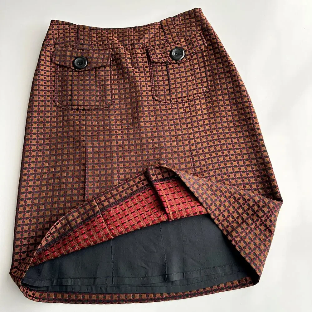 Pendleton Jacquard Patch‎ Pocket Kick Pleat Knee Length Bronze Career Skirt 6